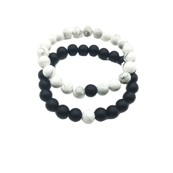 Sæt med 2 sorte og hvide silikoneperle-armbånd til mænd og kvinder