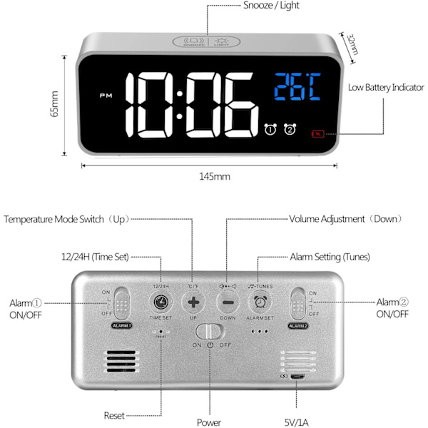 Digital väckarklocka, digital klocka väckarklocka LED spegel stor S