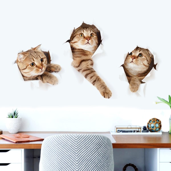 3st 3D väggdekor katter självhäftande, barn väggdekor/borttagning