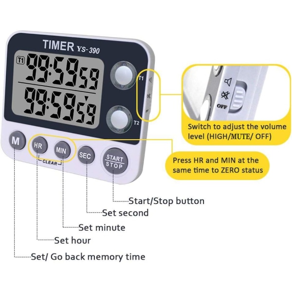 Köktimer, 2-kanals Köktimer, Justerbar Ringvolym, Matlagning