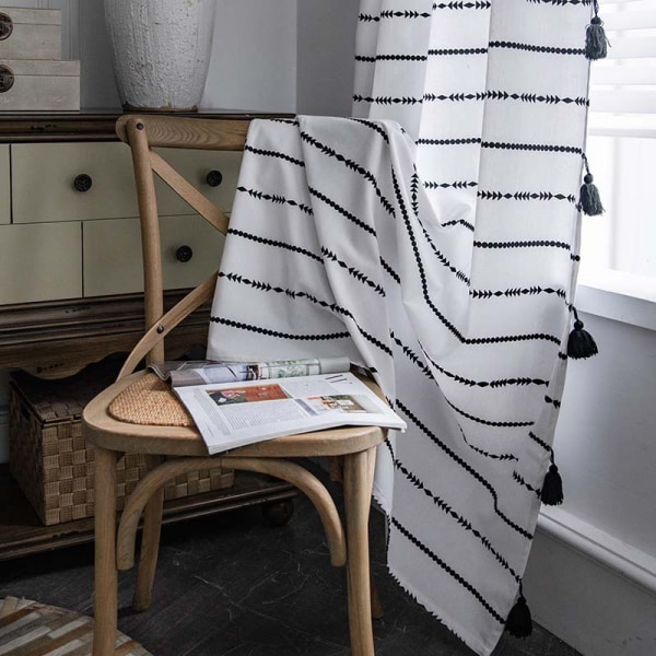 Boho-stil sorte stribede gardiner med kvast bomuld/linned