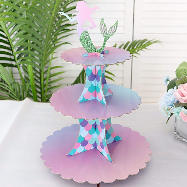 Sjöjungfru cupcake-ställ 3-lagers kartong cupcake-ställ babyshower c