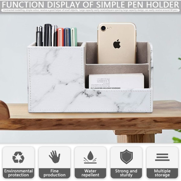 Desktop-opbevaringsboks, multifunktionel penneholder, stilfuld pu-læderbordsholder til opbevaringsboks til papirvarer, visitkort, kuglepenne, mobiltelefoner (hvid)