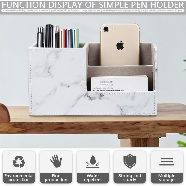 Työpöydän säilytyslaatikko, monitoiminen kynäteline, tyylikäs PU-nahkainen työpöydän teline toimistotarvikkeiden säilytyslaatikkoon, käyntikortit, kynät, matkapuhelimet（Valkoinen）