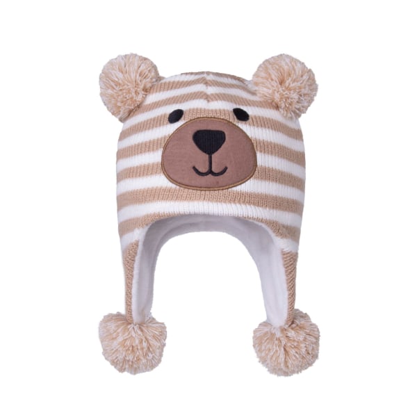 Beige stripet bjørn baby vinterlue for små barn, strikket øre C