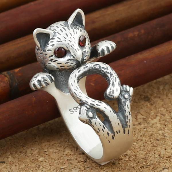 1 st justerbar ring med katt - Djurälskare - Katt - Röda ögon - Silver