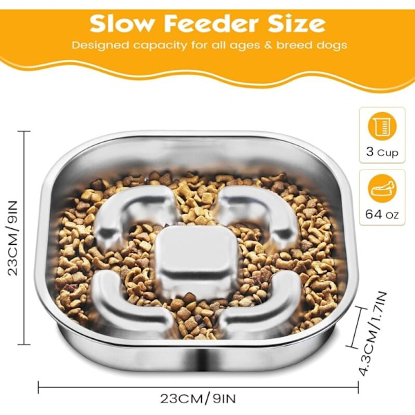 Anti Glutton Hundebolle, Rustfrit Stål Langsom Foder Hundebolle med Ikke-S