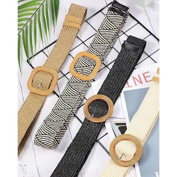 4-pack flätad halm elastisk stretch midjebälte kvinnor smal klänning