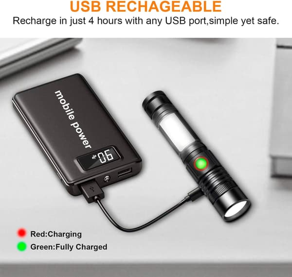 Torch LED-taskulamppu, USB-ladattava, tehokas sotilaskäyttöön tarkoitettu COB-lamppu