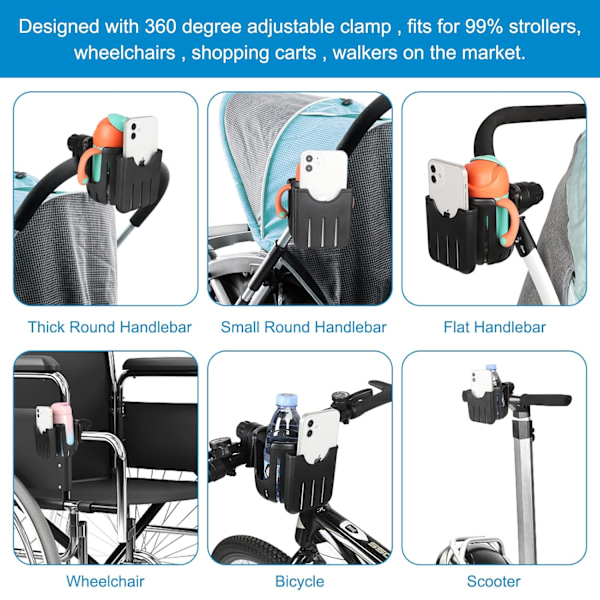 Barnevognskopholder med Telefonholder, Cykelkopholder, 2 i 1 Univ