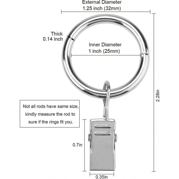 Gardinstenger med klips (25mm) (pakke med 16) - Rustfritt stål