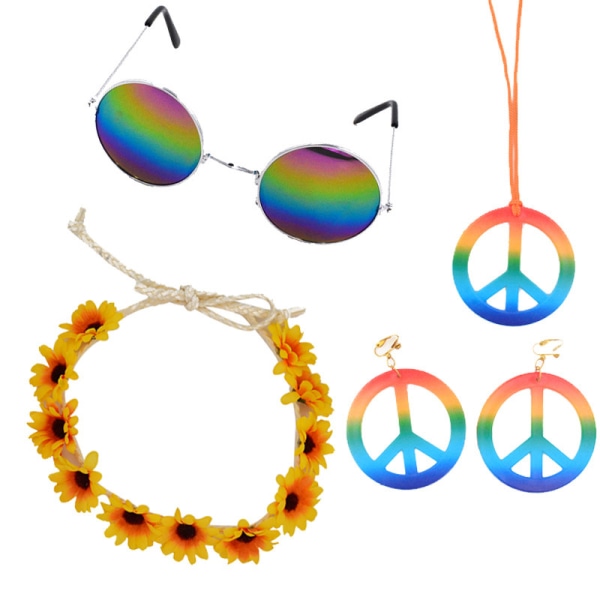Skeleteen Hippi Style Peace korvakorut, kaulakoru, lasit - 1960-luvun H