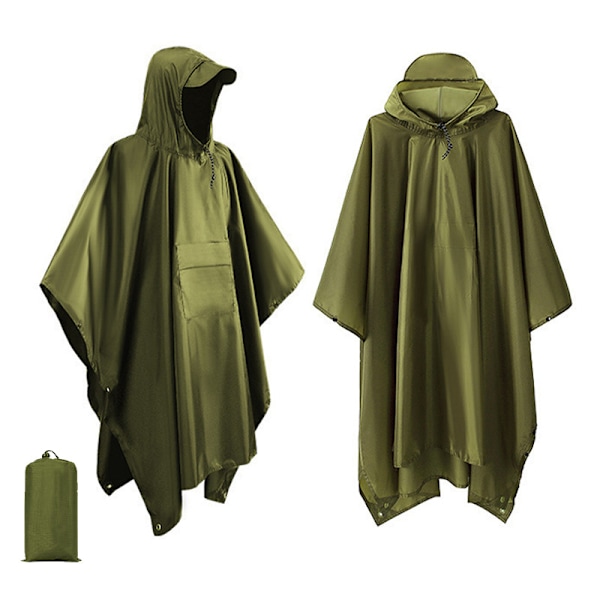 Regnponcho med hætte - Army Grøn - Regnponchoer, Vandafvisende Regnjakke