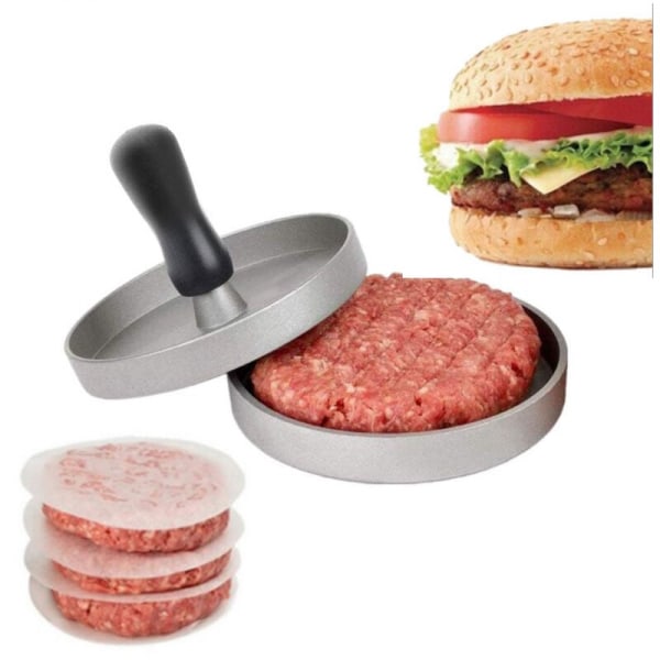 Hamburgarepress för kampanjer - Köttfärsform 12 cm & 100 ark bakpapper