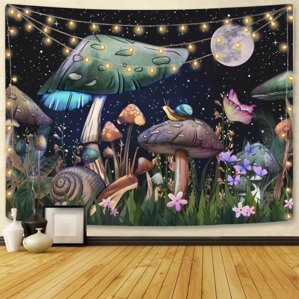 Trippy Mushroom Tapestry, Moon and Stars Tapestrys with Snail Flow