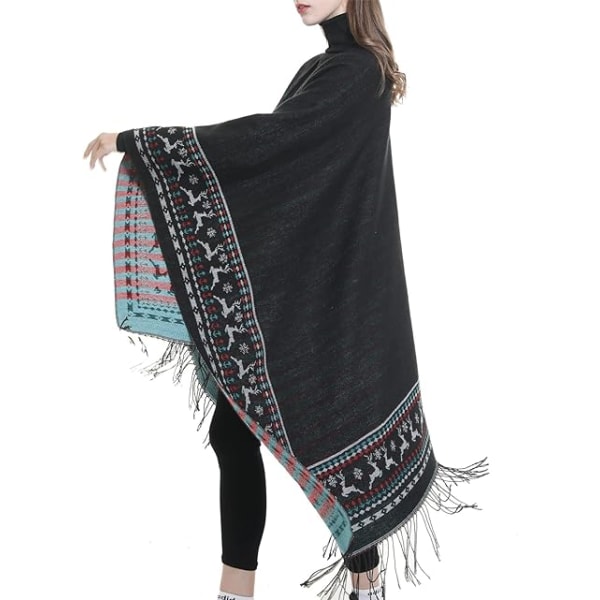 1PC Sort Fleece Poncho Dame Sjal Kappe Retro Åben Kvinde Vinter