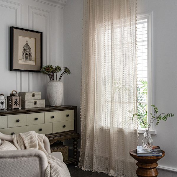 Boho-tyyliset verhokangas, puuvillaiset verhot, virkatut verhot, vintage-verhot, hapsut