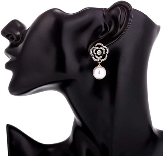 Kvinde Imitation Pearl Rose Charm Dangle Drop Øreringe