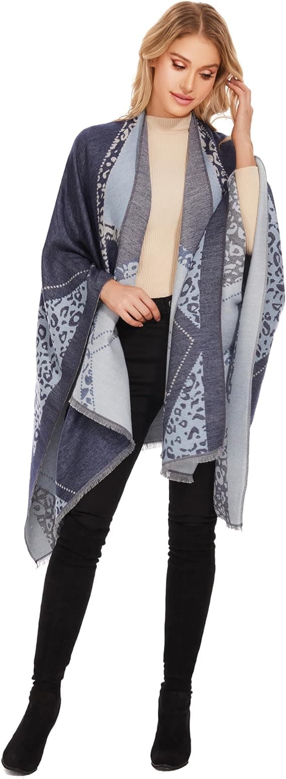 1PC Grå Poncho för Kvinnor - Stor Stickad Vinterhalsduk - Tjock och