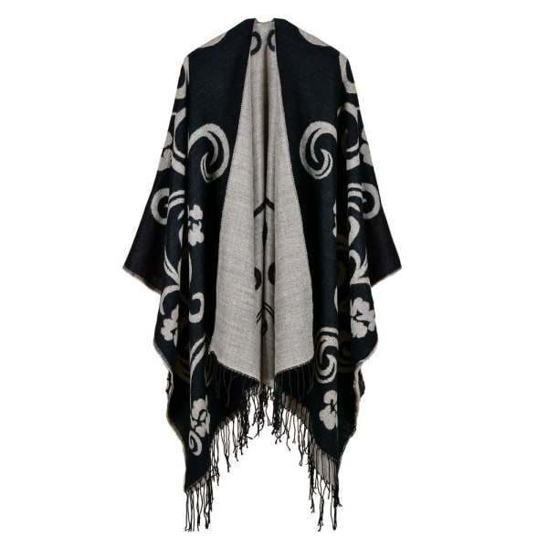 1PC Poncho med svart print för kvinnor - Stor stickad vinterscarf - T