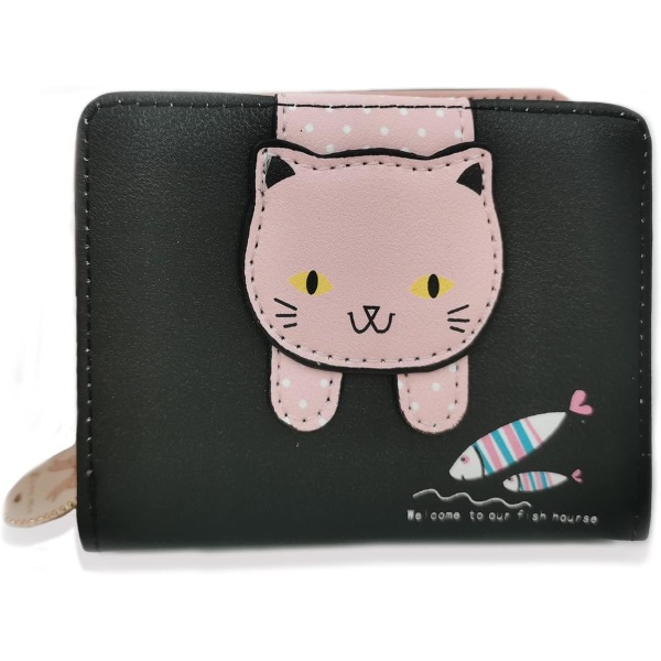1 st svart söt liten plånbok, tecknad kattflicka myntväska, läder
