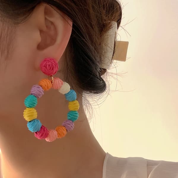 Rattan Øreringe Sommer Boho Raffia Bold Hoop Dangle Øreringe til