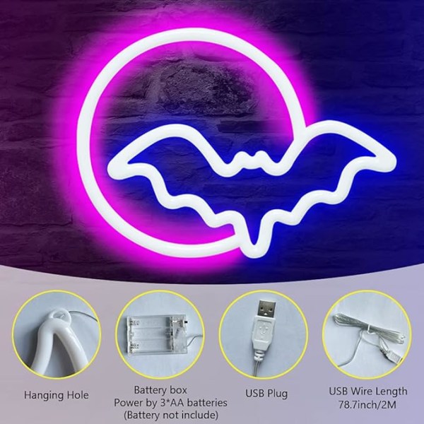 Neon Signs, Moon and Bat LED Neon Lights, Neon Light Sign for Wal