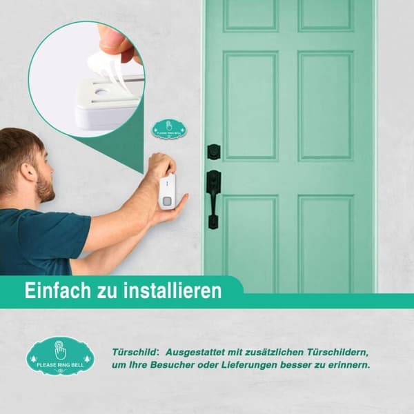 Trådlös Dörrklocka för Hemmet, Vattentätt Elektronisk Dörrklockset, Blå LED-indikator, Vit