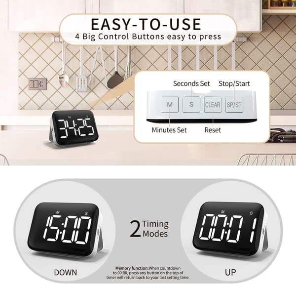 Digitalt køkkenur - Stort LED-display - Magnetisk timer med justering