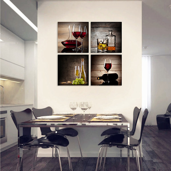 Rödvinsglas Modern Kök Väggkonst Restaurang Väggdekoration 4 Abstrakt Canvas Tryckeri Konstverk Samtida Retro Bild Canvas Väggmålning