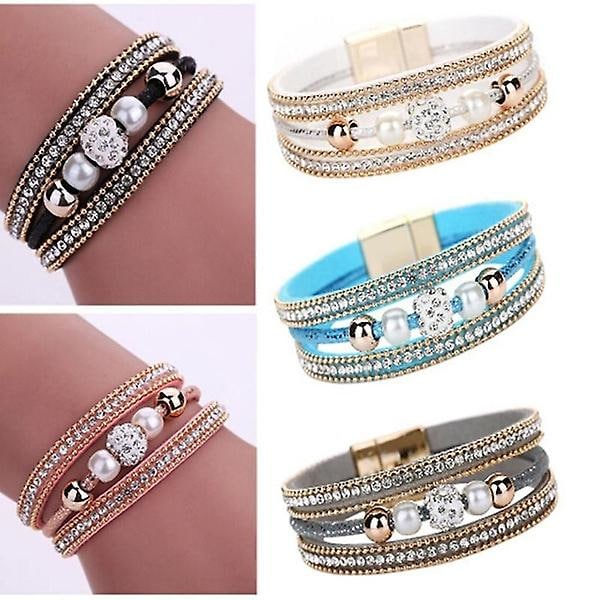 Fashion !kvinder Multilayer Bangle Armbånd Krystal Perler Læder