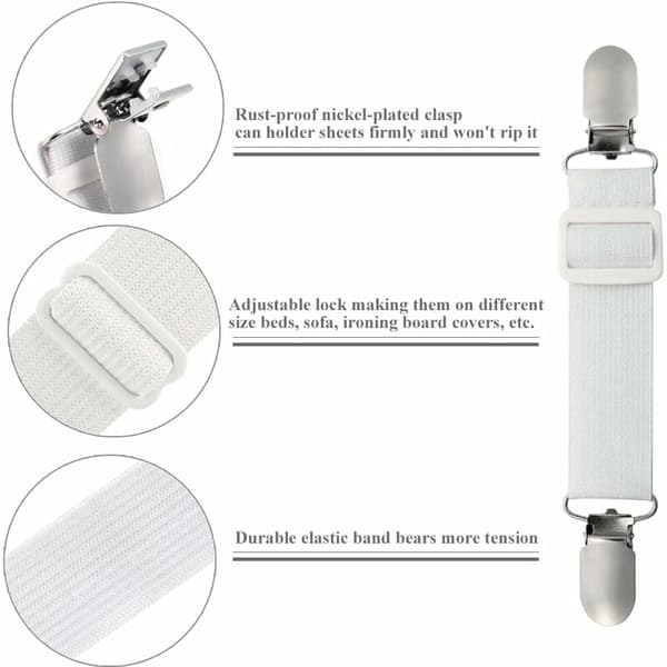 Elastisk Lakanhållare, Justerbar Fästrem för Lakan, Soffor, Strykbrädsöverdrag (Vit, 4-pack) Sträcker sig 60cm