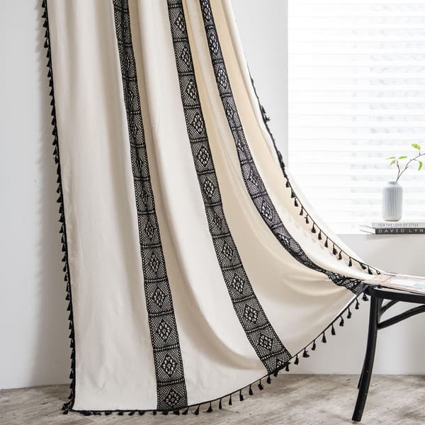 Boho-stil sorte stribede gardiner med kvast bomuld/linned