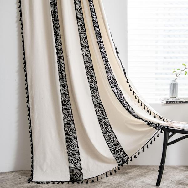 Boho-stil sorte stribede gardiner med kvast i bomuld/hør