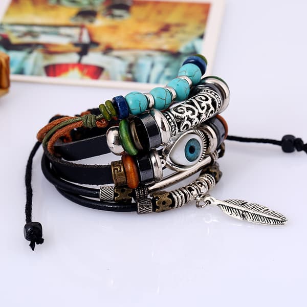 Boho National Stone Multilayer Leather Bracelet Evil Eye Charms T