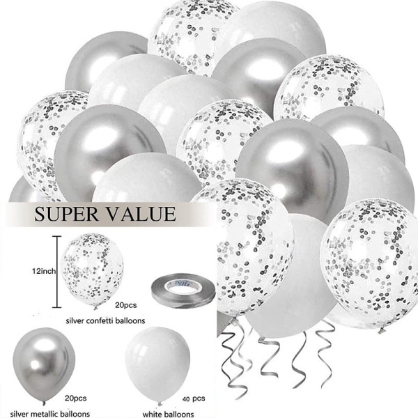 Valkoiset hopeiset konfettilateksiilmapallot, hopea metallinen kromiosa
