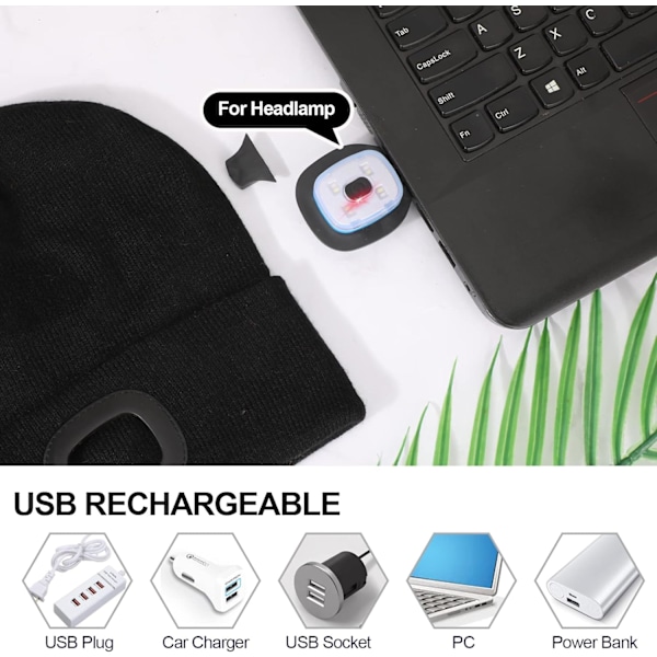 USB Genopladelig 4 LED Beanie Hat, Lysende Kasketlys og Blinkende