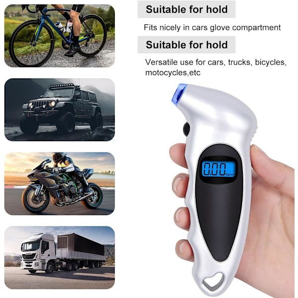 Digital dæktryksmåler, dæktryksmåler til bil og motorcykel, sølv (1 stk.)