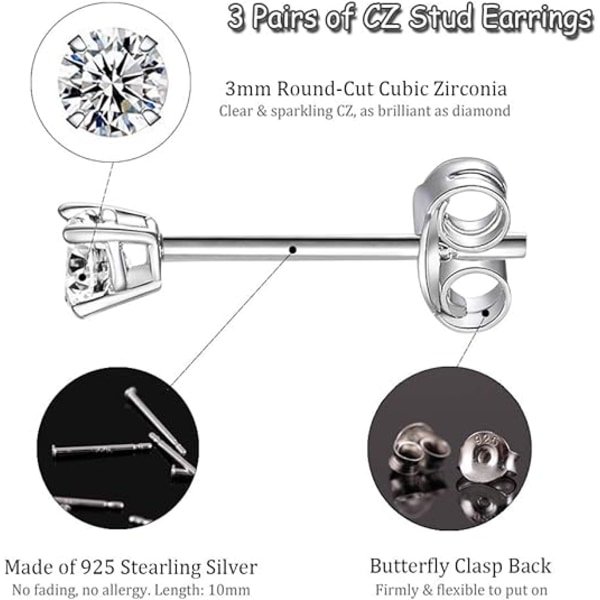 Stud Ørepynt Kvinner Jenter Herrer - 3 Par 3mm Ball Studs Rund