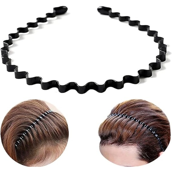 Herrehårbånd, metallpannebånd Bølget svart hårbånd for menn og kvinner