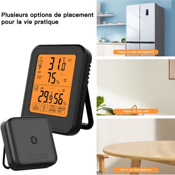 Digital Hygrometer Termometer, Inomhus Utomhus Hygrometer Termometer med Trådlös Utomhussensor för Kontor, Hem, Sovrum (Svart)