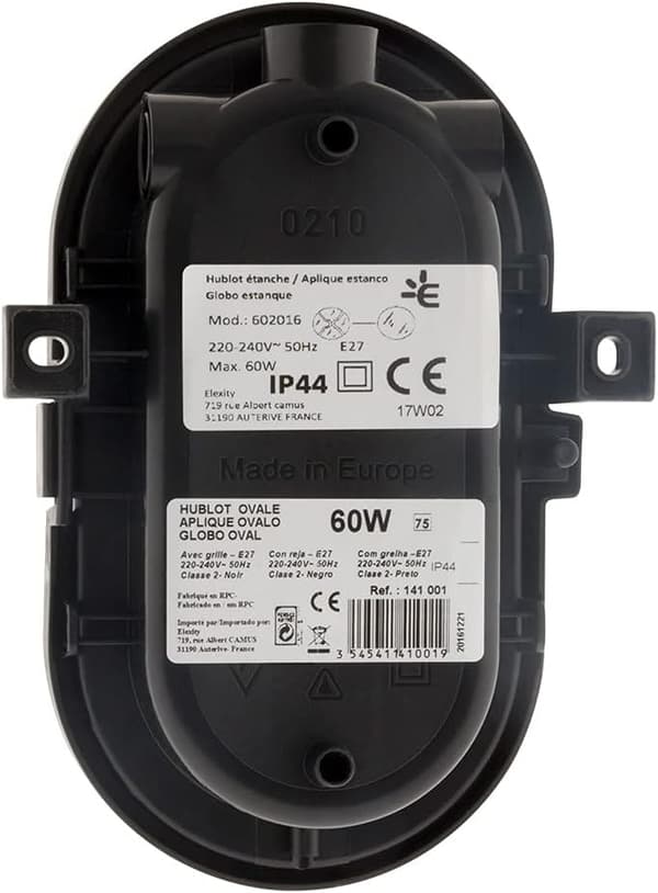 Ovalt kighul 60W IP44 E27 Klasse II Sort