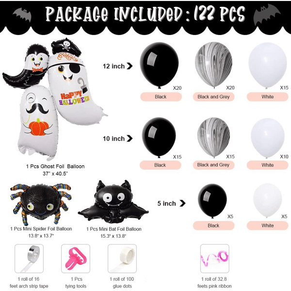 Halloween dekorationer ballonbueguirlandesæt, sort, hvid, sort