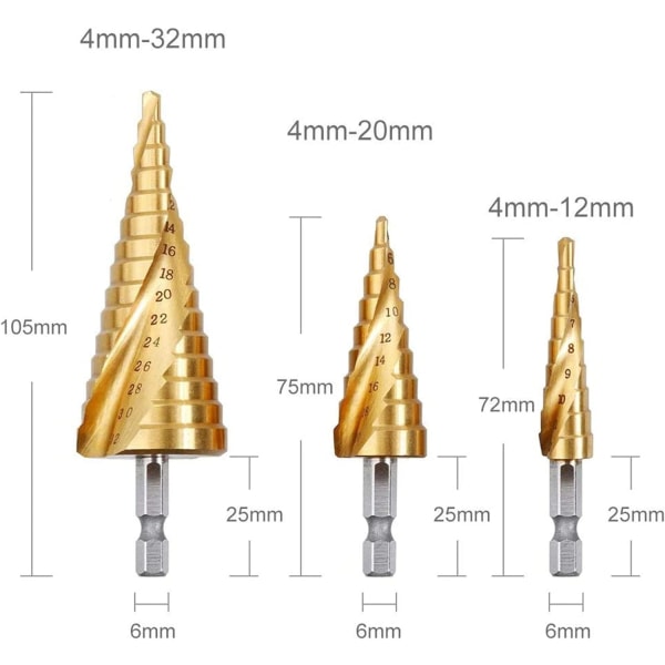 3PCS försänkningsborr, HSS rostfritt stål metall, 4-12/20/32