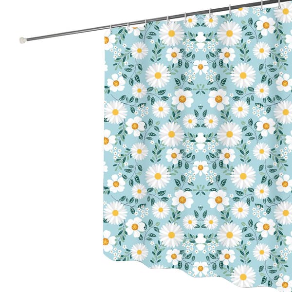 Blommig duschdraperi, tecknade blommor prästkragar vårtid S