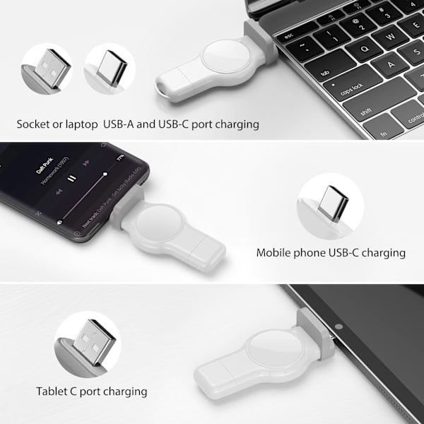 Apple Watch USB magnetisk opladeradapter, USB A/Type C 2-i-1 Con