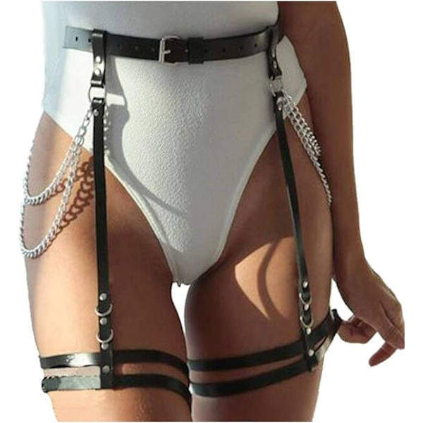 Punk Läder Midjekedja Svart Sexig Suspender Bälte Magkedja Ni