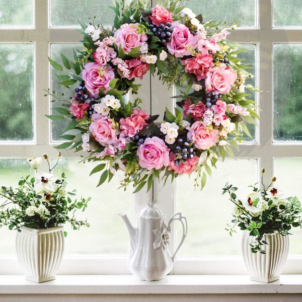 Kunstig roseblomstkrans dørkrans med grønne blader Chris