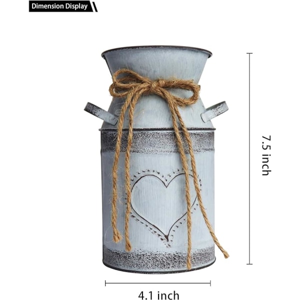 Vintage metall galvaniserade vaser Rustik mjölkkanna Vas med Heart-Sh
