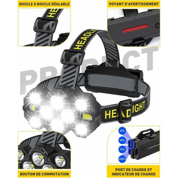 Laderbar hodelykt - Oppgradert 22000 Lumen 10 LED 10 Moduser Super Lys